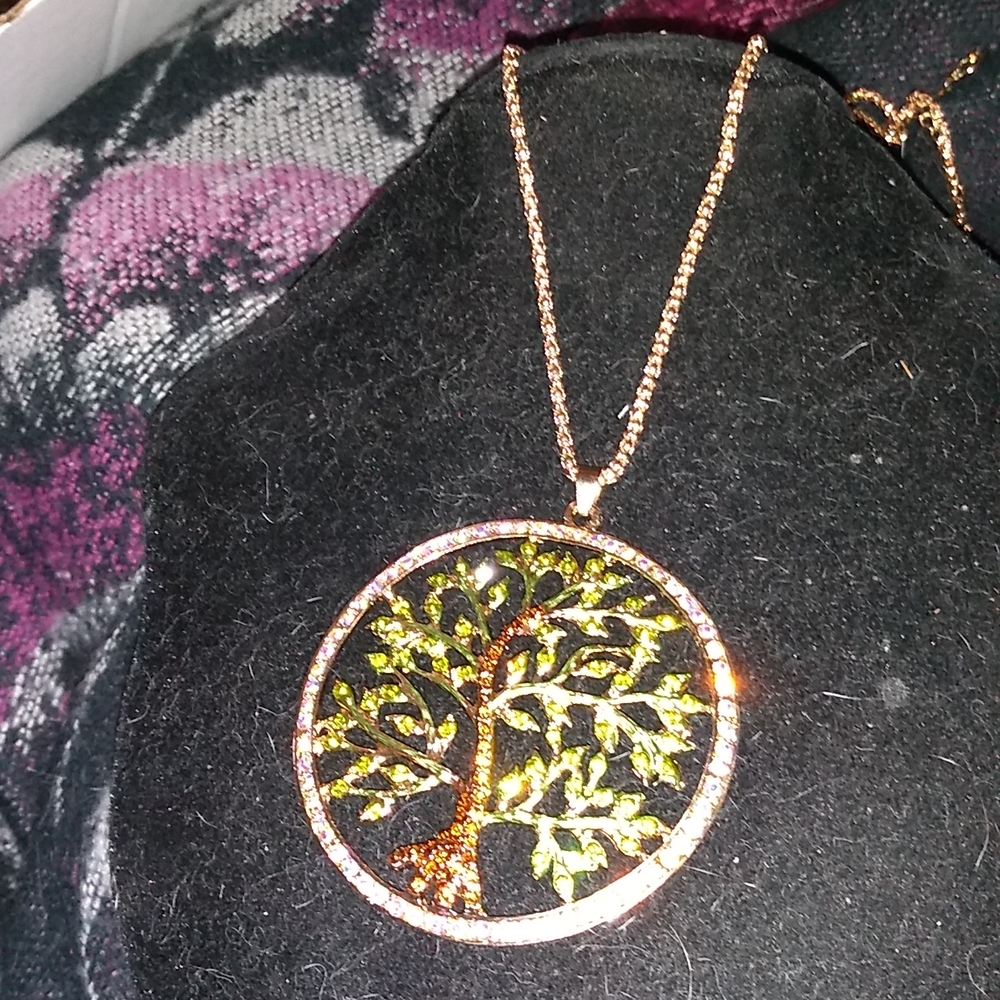 White Crystal Circle Around a Green & Brown Crystal Tree Pendant Necklace - Picture 4 of 4